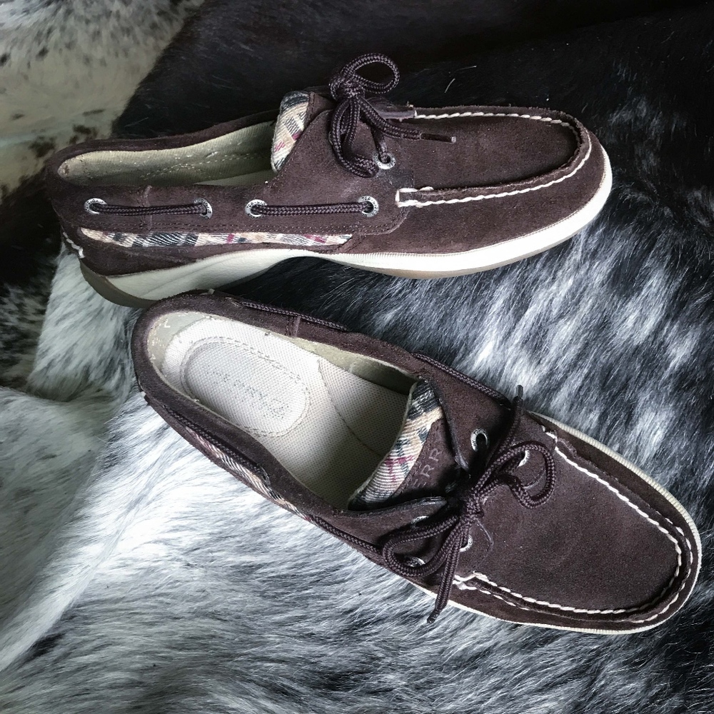 Sperry Top-Sider Brown Suede Leather Plaid 7.5